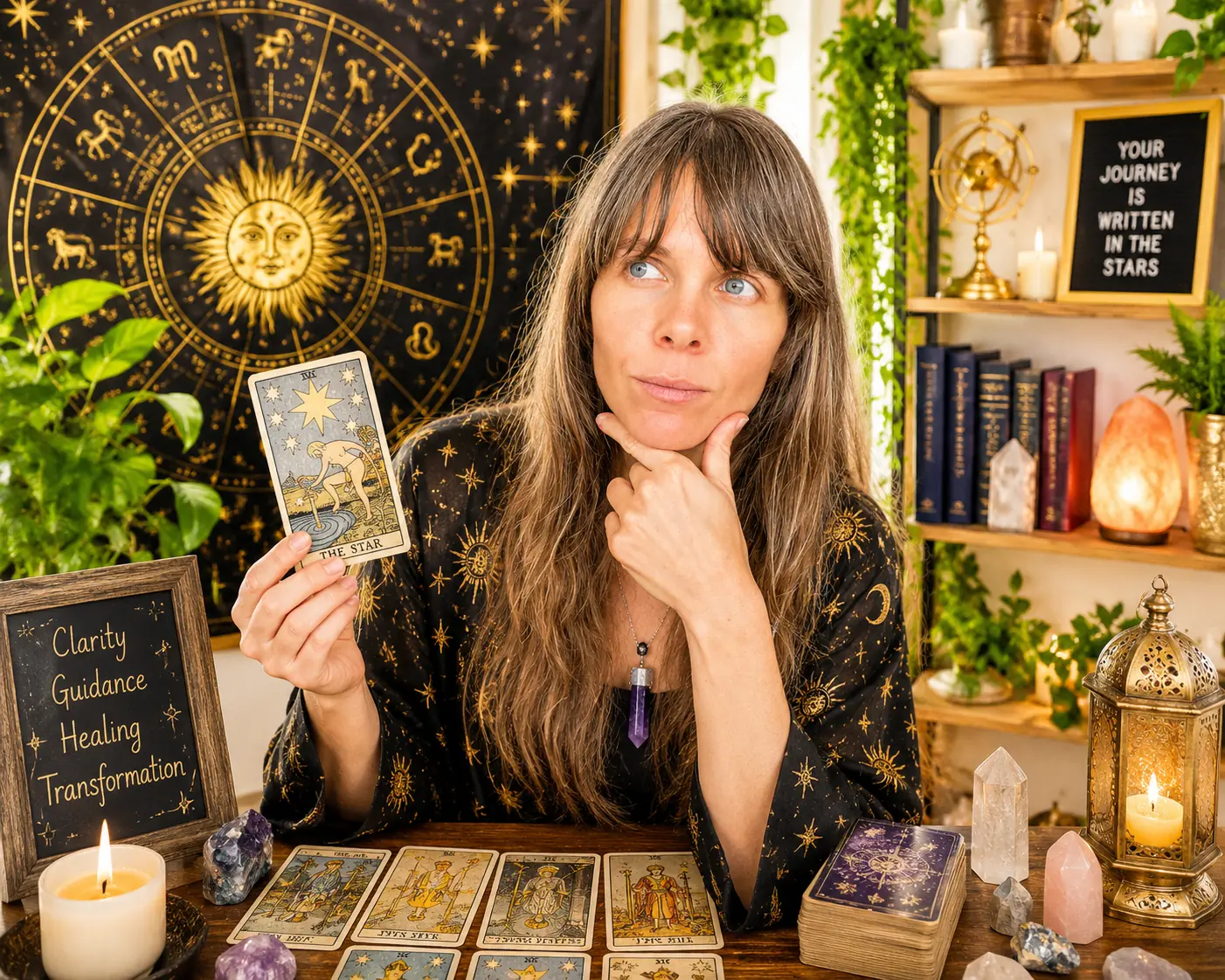 Rozzebud offering an online psychic tarot reading with The Star card for spiritual clarity, guidance and healing